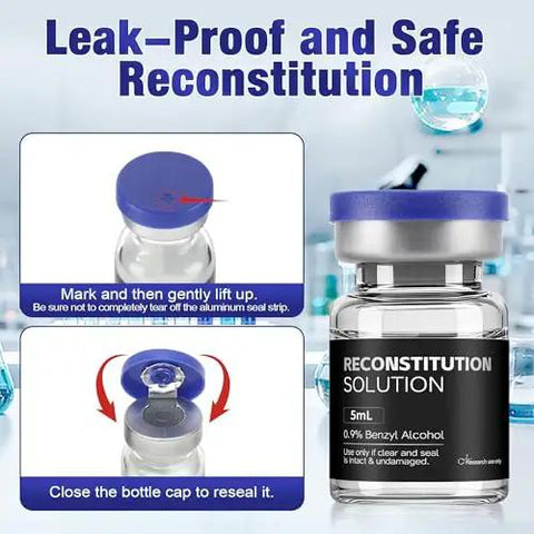 Instructions for using reconstitution solution with a 5ml vial, highlighting leak-proof and safe reconstitution process.