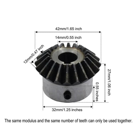 Beefed Up Bevel Gear Set Two Piece Two Module 20 Teeth 14mm Bore Heavy Duty 45 Steel Durable Tapered Bevel Pinions For 90 Degree Torque Transfer In Machinery And Hardware, front view showing dimensions.