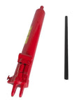 Front view of 8-ton hydraulic jack with long ram and clevis base; red body with black manual handle