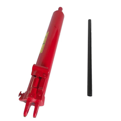 Front view of 8-ton hydraulic jack with long ram and clevis base; red body with black manual handle
