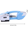 Top Tier Electric Strapping Machine For Boxes And Pallets With 3000 Mah Battery Power shown in sleek blue profile view.