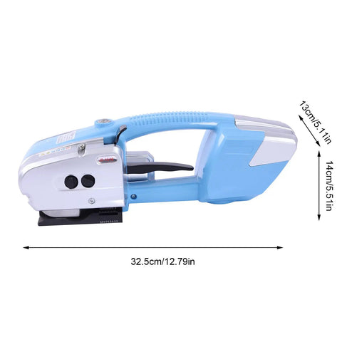 Knuckle Down To Packing With This Darn Reliable 3 In 1 Electric Strapping Machine showing side view, blue color, measuring 32.5cm.