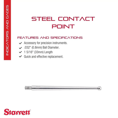 Steel contact point with 0.032 inch ball diameter, showcased for precision instruments, 1-5/16 inch length.