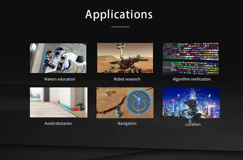 Six applications of RPLIDAR X3 360 Degree 2D Lidar Sensor With 8m Range, 10Hz Scan Rate, 0.6-1.2 Degree Resolution shown in images.