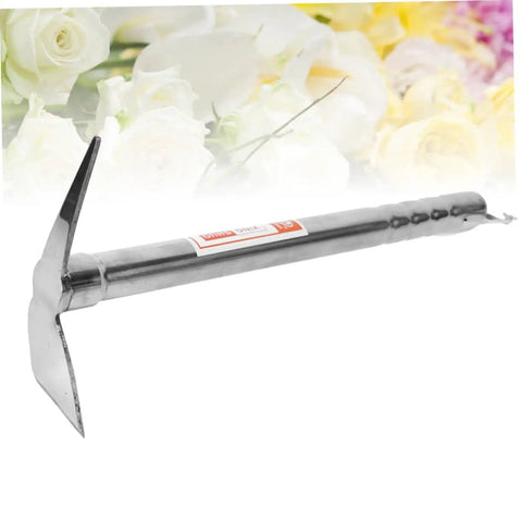Stainless Steel Double Headed Hoe And Pickaxe Garden Tool for weeding and planting with ergonomic handle against floral background