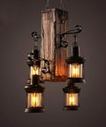 Industrial Vintage Wooden Hanging Pendant Light With Four Lantern Bulbs, Dope Rustic Loft Chandelier, black fixture