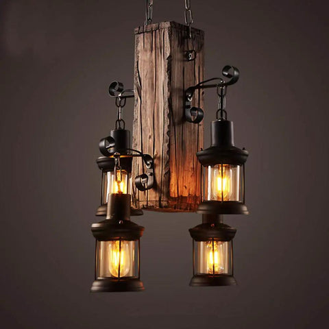 Industrial Vintage Wooden Hanging Pendant Light With Four Lantern Bulbs, Dope Rustic Loft Chandelier, black fixture