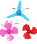 Hands On STEM Motor Kit With Plastic Gears And Mini DC Motors 1.5 to 3V 9000 to 25000 RPM No Load Battery Holder Case 9V Clip And Rocker Switch Wires Shaft Propeller For Hands On Science Projects showing blue, pink and red plastic propellers with measurements.