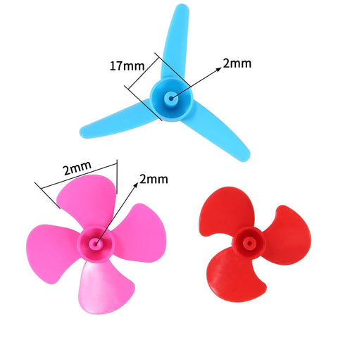 Hands On STEM Motor Kit With Plastic Gears And Mini DC Motors 1.5 to 3V 9000 to 25000 RPM No Load Battery Holder Case 9V Clip And Rocker Switch Wires Shaft Propeller For Hands On Science Projects showing blue, pink and red plastic propellers with measurements.