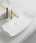 USZWBY Bathroom Vessel Sink Modern Ceramic Vessel Bowl Sink in Decor Golden Top Mount Bathroom Sinks Above Counter Rectangle Vanity Countertop Sink Bowl, WHI with gold faucet.