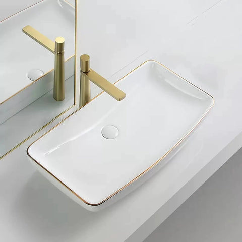 USZWBY Bathroom Vessel Sink Modern Ceramic Vessel Bowl Sink in Decor Golden Top Mount Bathroom Sinks Above Counter Rectangle Vanity Countertop Sink Bowl, WHI with gold faucet.