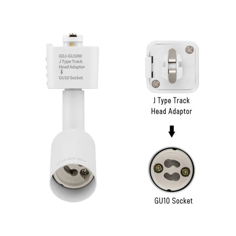 J Type Track Lighting Head To GU10 Base Adapter Lights Pack Of 12, white finish, close-up of adapter and socket details.