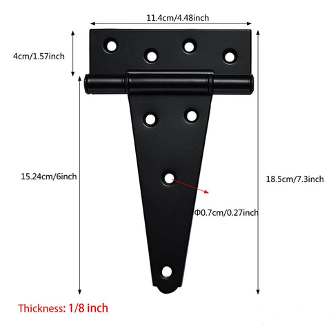 6 Inch T Strap Shed Door Hinges Heavy Duty Black Tee Hinge with dimensions shown for Wooden Fences Yard Doors Barn Gates