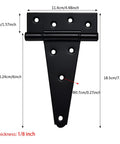 6 Inch T Strap Shed Door Hinges Heavy Duty Black Powder Coated with measurements shown for Wooden Fences Gates Barn Doors