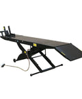 Shop Tough Portable Motorcycle Lift Air Operated Bike Stand 1000 Lb Capacity diamond plate table with removable rear ramp.