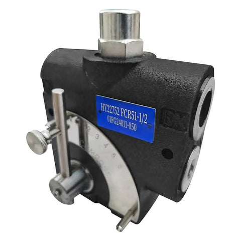 Pressure Compensating Variable Hydraulic Flow Control Valve With Relief, 1/2 Inch NPT Port, Adjustable Flow Rate 0-16 GPM, front view