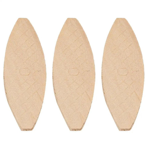 Three solid beech wood joinery biscuits, part of the 100 Piece Beech Wood Joinery Biscuits Size 0 For Plate Joiner Tool Woodworking Dowels.