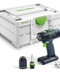 Slick Switching Cordless Drill With CENTROTEC Quick Connect System, compact design and attachments, ideal for versatile shop tasks.