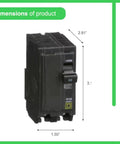 QO250 50 Amp 2 Pole Circuit Breaker Kit For 120/240V AC Load Centers And Panels Plug-In Mount 10kAIC Visi-Trip Indicator OEM Replacement showing black breaker dimensions