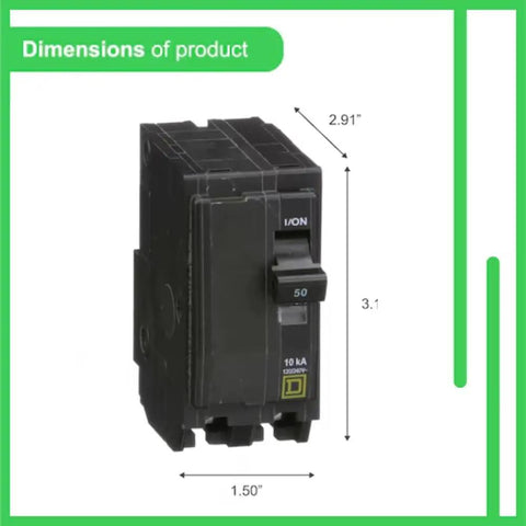 QO250 50 Amp 2 Pole Circuit Breaker Kit For 120/240V AC Load Centers And Panels Plug-In Mount 10kAIC Visi-Trip Indicator OEM Replacement showing black breaker dimensions