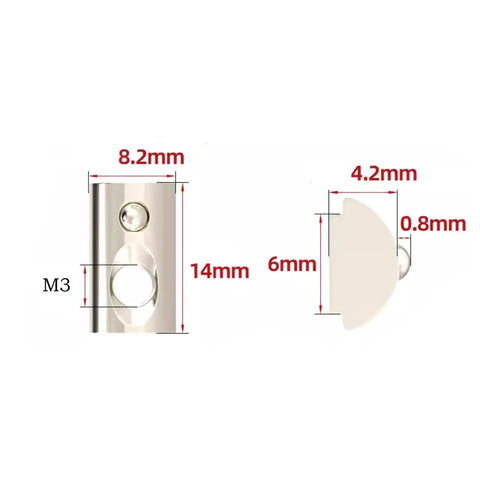 Dimensions of M3 Roll In T Nut With Ball Spring for 2020 Aluminum Extrusion, Nickel Plated, Showing Size and Design