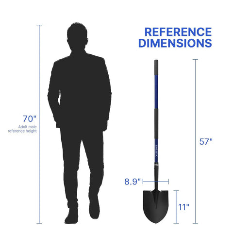 Heavy Duty Shovel With Fiberglass Handle 57 Inch Spade For Gardening, Trenching, Planting And Transferring, size comparison with silhouette