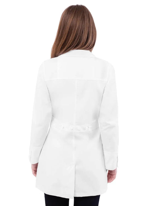 Rear view of Women's Lab Coat 32 Inch Length White With Classic Fit And All Day Comfort Pockets, ideal nurse or doctor coat