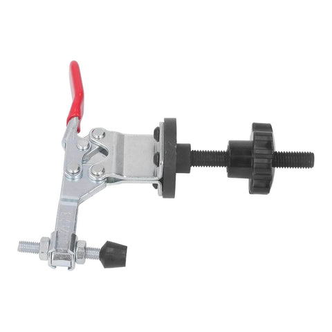 Side view of a Quick Release Woodworking Bench Clamp Set with toggle clamps, metal body, used for jigs, fixtures, and wood board fixing.