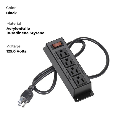 Under Desk Wall Mount Power Strip With 4 Outlets And Switch, 3 Ft Flat Plug Cord, Mountable For Office, Home Use, Black