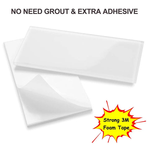 72-Piece Peel And Stick Glass Tile Set For Kitchen And Bathroom Backsplash 3X6 Subway Style Self Adhesive White Gloss Finish Includes Tile Trim Easy Install Durable Glass Tiles For Modern Renovations showing no need for grout.