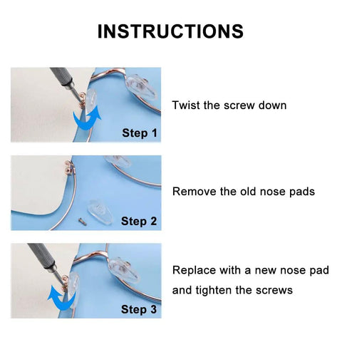 Instructions for using Soft Silicone Eyeglasses Nose Pads With Air Cushion For Ultra All Day Comfort No Slip 6 Pairs Screw In Metal Core