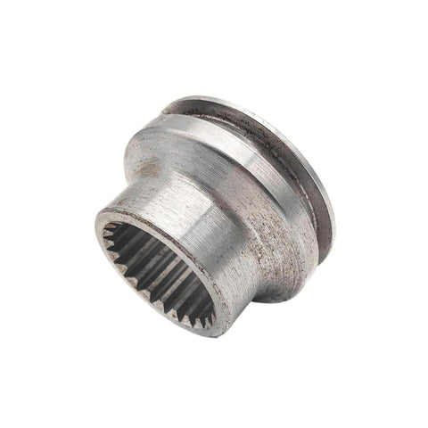 Cam clutch shifting sleeve front view, metal silver with internal splined bore.