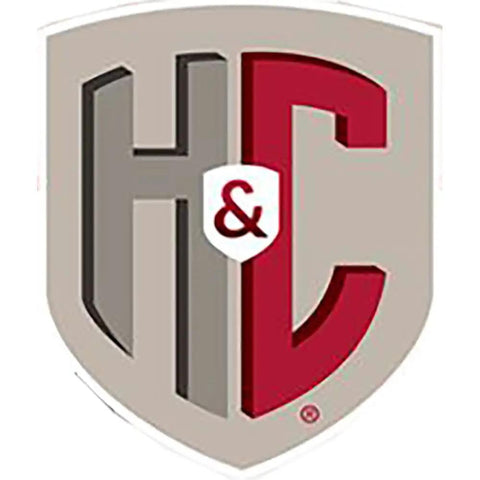 H&C logo in a shield shape featuring gray and red letters, representing quality concrete and masonry products.