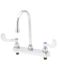 8 Inch Center To Center Deck Mount Workboard Faucet With 4 Inch Wrist Action Handles Swivel Gooseneck Chrome Finish