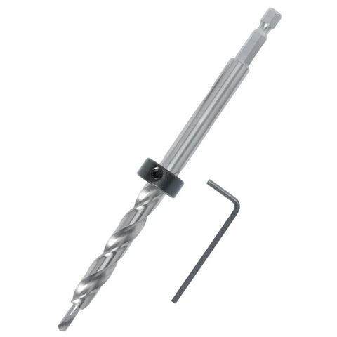 Workhorse Pocket Hole Drill Bit Set With Depth Stop Collar For Precise Pocket Holes And Clean Guided Drilling In Woodworking Projects Two Pack Featuring One Quarter Inch Hex Shank Bits And Includes L Wrenches By POWERTEC, showing a drill bit with depth stop collar and L wrench