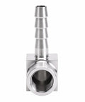 Heavy Duty Three Zero Four Stainless Steel Ninety Degree Elbow Joins Five Sixteenth Hose Barb To Quarter Female Npt Threading.