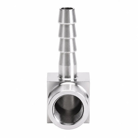 Heavy Duty Three Zero Four Stainless Steel Ninety Degree Elbow Joins Five Sixteenth Hose Barb To Quarter Female Npt Threading.