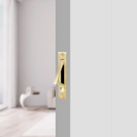 Pocket Door Edge Pull 4 Inch Flush Mount Handle In Brushed Brass Satin Brass Finish With Stainless Steel Construction Installed View
