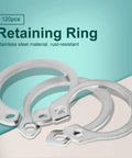 Stainless Steel Retaining Ring Set 120Pc Kit Snap Ring Circlip Assortment shown in silver with text overlay