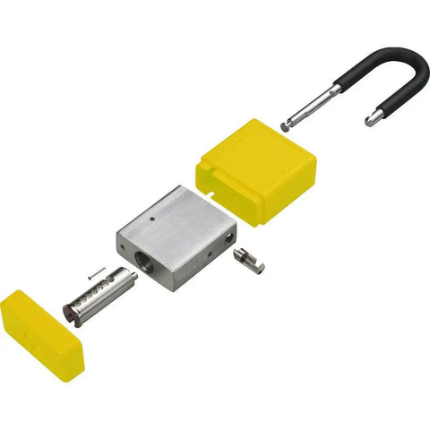 Exploded view of RecycLock Keyed Alike Safety Padlocks, 1.5 Inch Shackle, 1.75 Inch Body, Yellow, 6 Pack, showing internal components