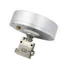 Stainless steel air-actuated needle valve with circular actuator, 40,000 psi rating, IN and OUT ports visible.