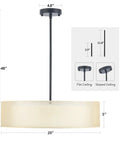 Dimensions of 3 Light Drum Pendant Chandelier With Double Fabric Shade, Sleek Matte Black Finish, Dope 20 Inch Ceiling Light Fixture