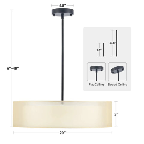 Dimensions of 3 Light Drum Pendant Chandelier With Double Fabric Shade, Sleek Matte Black Finish, Dope 20 Inch Ceiling Light Fixture
