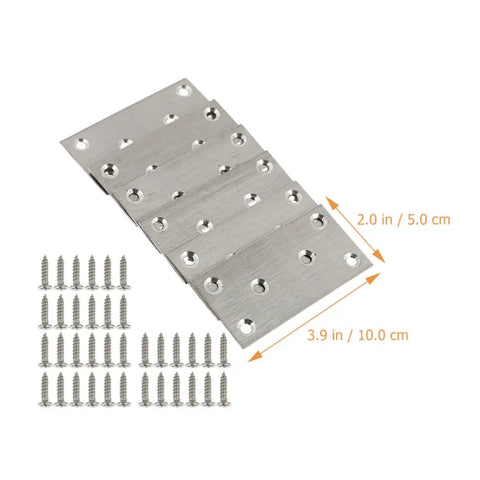 Stainless Steel Flat Corner Brace Plates 10 Pack With Fixing Screws Easy Install Corner Brackets For DIY Furniture Repair Corrosion Resistant Hardware Accessories And Dresser Support, laid flat with screws shown