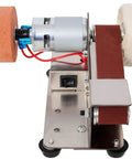 Aynuma Mini Belt Sander 7-Speed Electric Grinder Knife Sharpening Tool With Forward Reverse Rotation showing motor and sanding belt.
