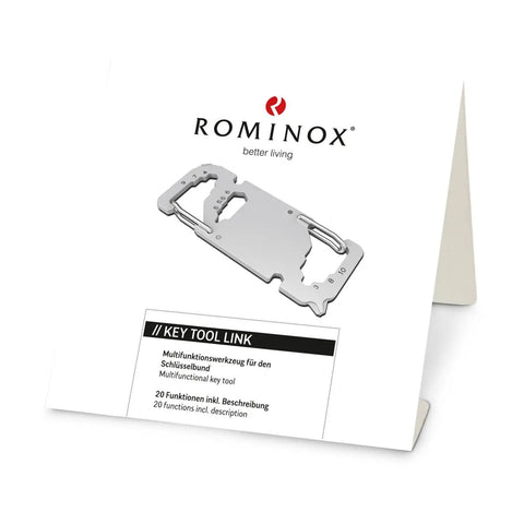 Stainless Steel Key Tool Multitool With 20 Functions, Carabiner Key Ring for travel displayed on white packaging