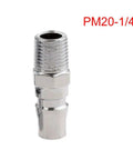 Close-up of One Quarter Inch BSP Air Quick Release Male Couplers Set for Air Hoses and Compressor Tools, Zinc Plated, Spring Loaded Locking Connectors