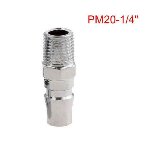 Close-up of One Quarter Inch BSP Air Quick Release Male Couplers Set for Air Hoses and Compressor Tools, Zinc Plated, Spring Loaded Locking Connectors