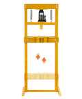 Tough As Nails 12 Ton Hydraulic Shop Press Featuring H Frame Design With Adjustable Height Worktable and rugged steel plates, yellow construction.