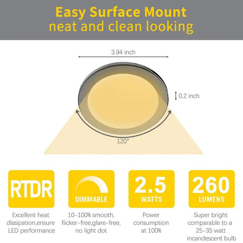 Diagram of Under Cabinet Puck Lights Kit 3 Pack Surface Mount 3.94 Inch 12V 2.5W Each Total 7.5W with dimensions and features.